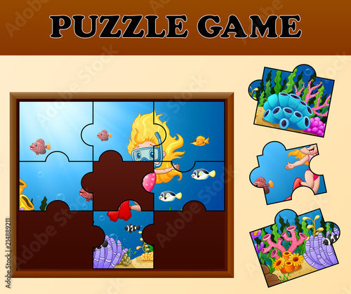 Girl diving in undersea with puzzle concept