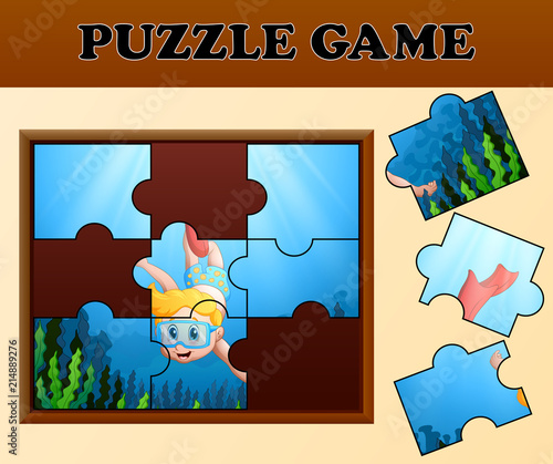 Boy diving in undersea with puzzle concept