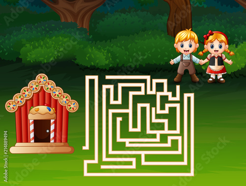 Maze Game of  Hansel and Gretel find a path to gingerbread house