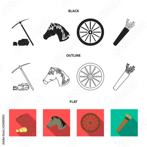 Pickax hoe, horse head, wheel cart, quiver with arrows.Wild west set collection icons in black,flat,outline style vector symbol stock illustration web.