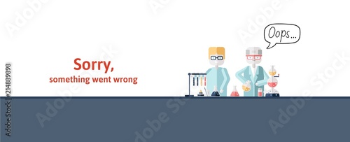 Two scientists conducting test behind the lab bench. Text warning message, sorry something went wrong. Oops 404 error page, vector template for website. Colored flat vector illustration. Horizontal