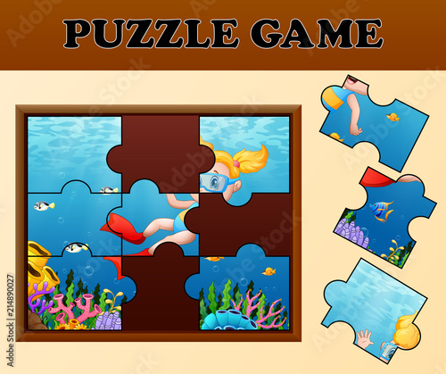 Girl diving in undersea with puzzle concept