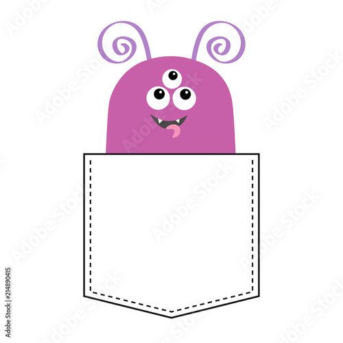 Purple monster silhouette in the pocket looking up. Cute cartoon scary funny baby character. T-shirt design. Eyes, fang tooth, tongue. White background. Happy Halloween. Flat design.