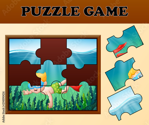 Boy diving in undersea with puzzle concept