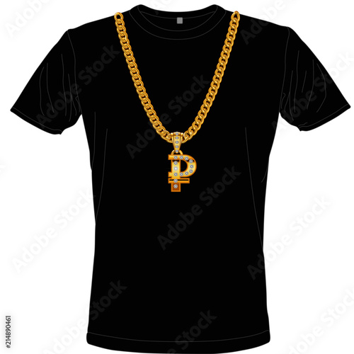 T-shirt mit Goldkette und Anhänger Geldsymbol Rubel aus Gold und Diamanten