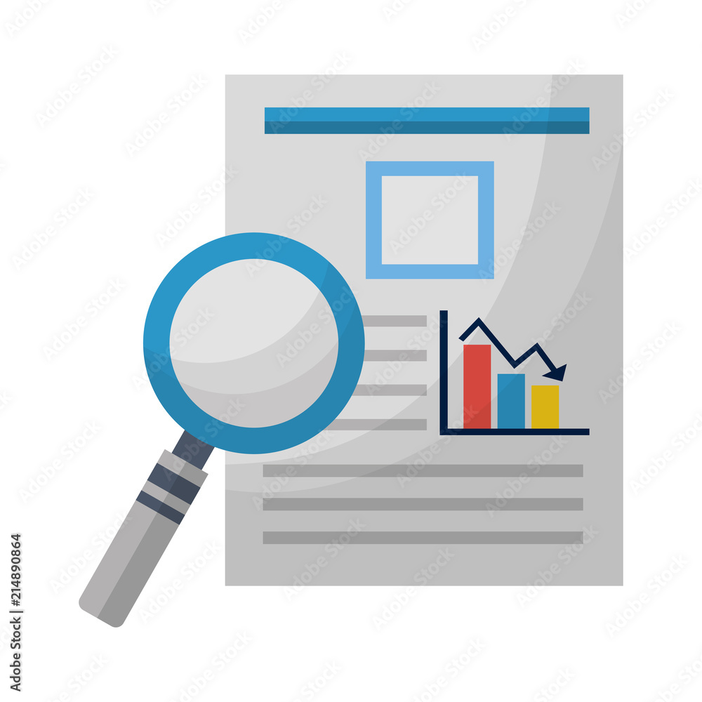 magnifying glass with documents files of statistics bars graphic magnifying glass with documents files of statistics bars graphic