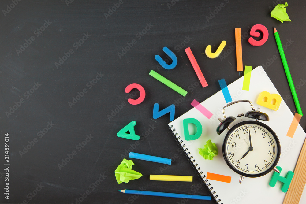 Back to school Accessories for school Pencils Plasticine letters Letters Alarm clock Briefcase Chalk Copy space Top view Back to school Accessories for school Pencils Plasticine letters Letters Alarm clock Briefcase Chalk Copy space Top view