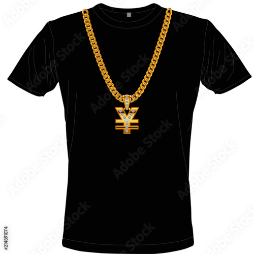 T-shirt mit Goldkette und Anhänger Yensymbol aus Gold und Diamanten