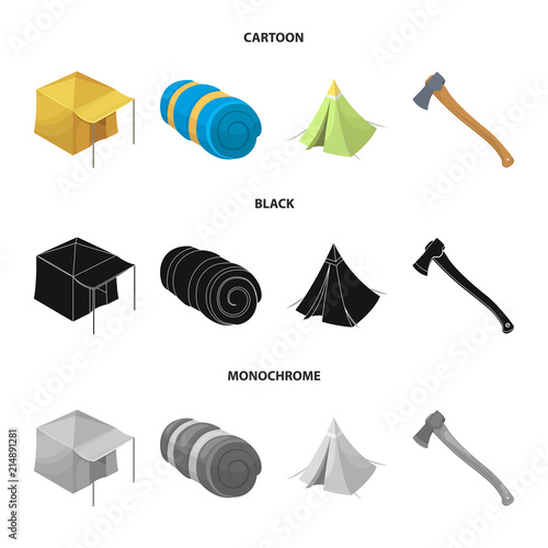 Tent with awning, ax and other accessories.Tent set collection icons in cartoon,black,monochrome style vector symbol stock illustration web.