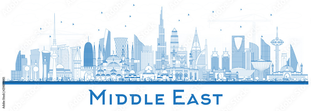 Outline Middle East City Skyline with Blue Buildings Isolated on White.