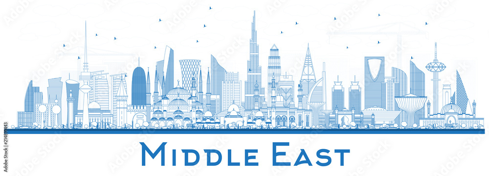 Εκτύπωση καμβά Outline Middle East City Skyline with Blue Buildings Isolated on White
