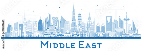 Obraz na plátně Outline Middle East City Skyline with Blue Buildings Isolated on White