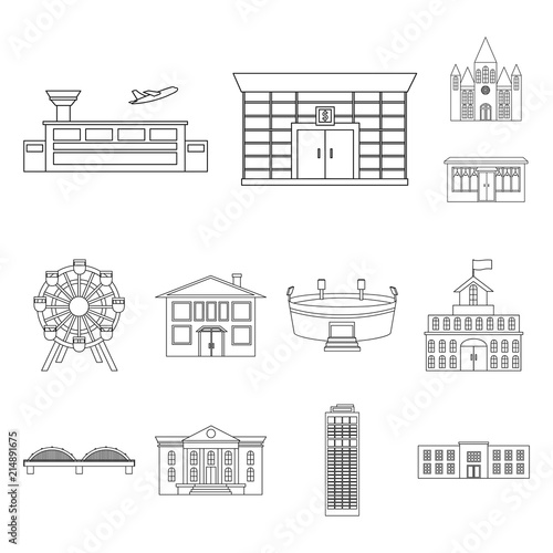 Building and architecture outline icons in set collection for design. Construction and Institution vector symbol stock web illustration.