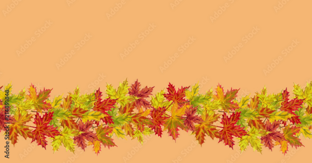 Autumn Maple Leaves Seamless Border on Golden Background. Watercolor Botanical Continuous Border for Displays, Announcements, Cards, Letterheads, and other Promotional Material. Fall Foliage Garland. Autumn Maple Leaves Seamless Border on Golden Background. Watercolor Botanical Continuous Border for Displays, Announcements, Cards, Letterheads, and other Promotional Material. Fall Foliage Garland.