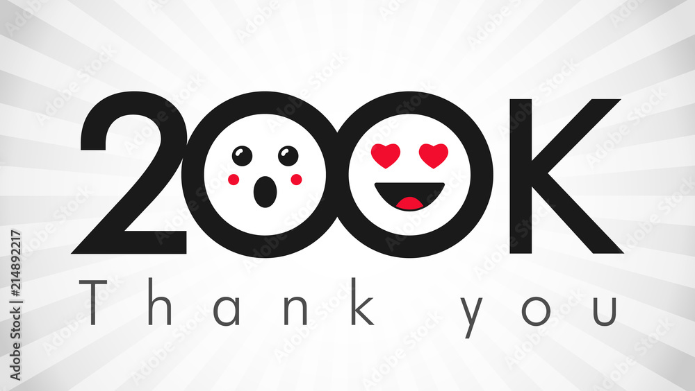 Obraz premium Thank you 200 000 followers logotype. Congratulating black and white colours networking thanks, net friends abstract image, customers 200 000k sign, % percent off discount. Isolated smiling people.