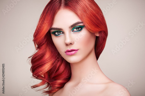 Beauty Fashion Model Girl with Colorful Dyed Hair. Girl with Perfect Makeup and Hairstyle. Model with Perfect Healthy Dyed Hair