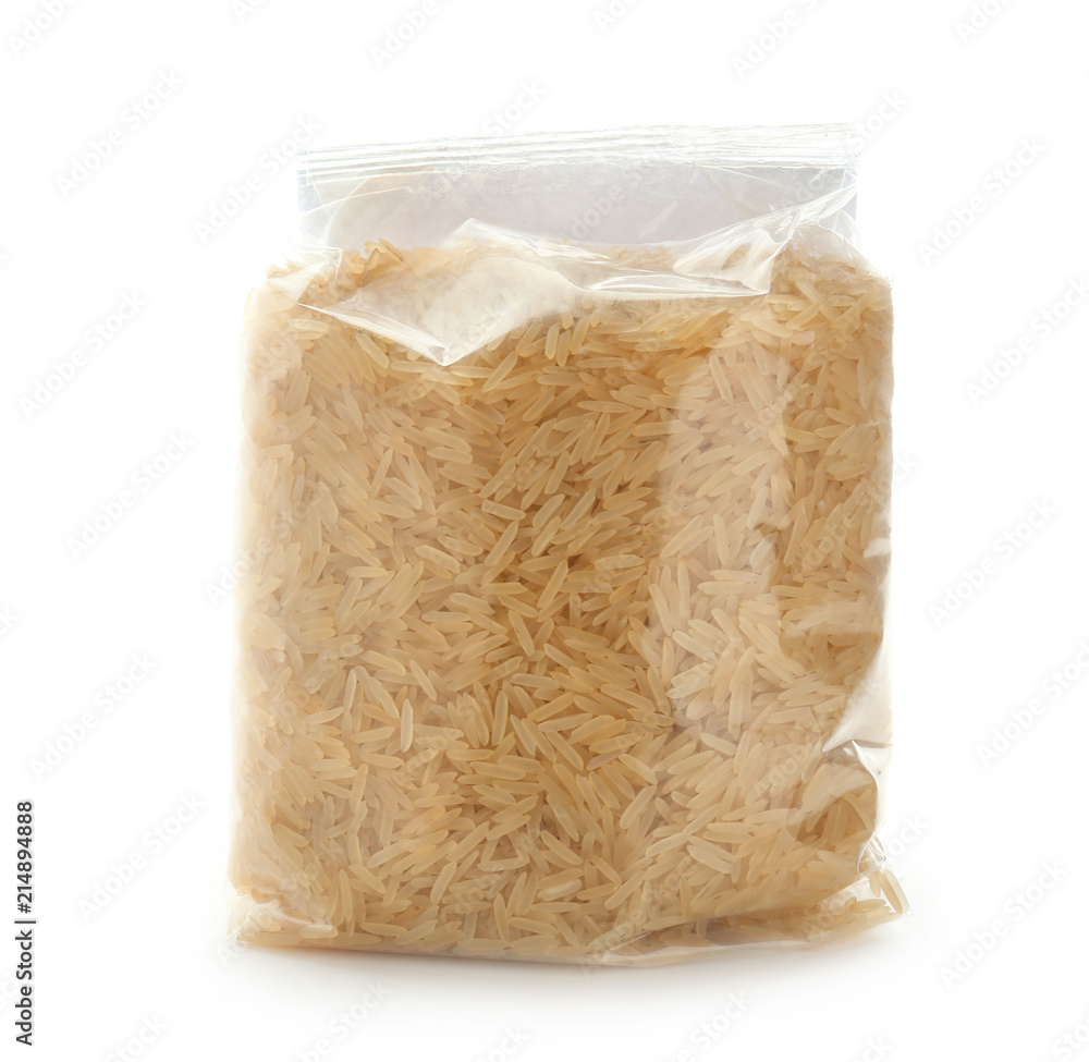 Packing with long grain rice on white background Packing with long grain rice on white background
