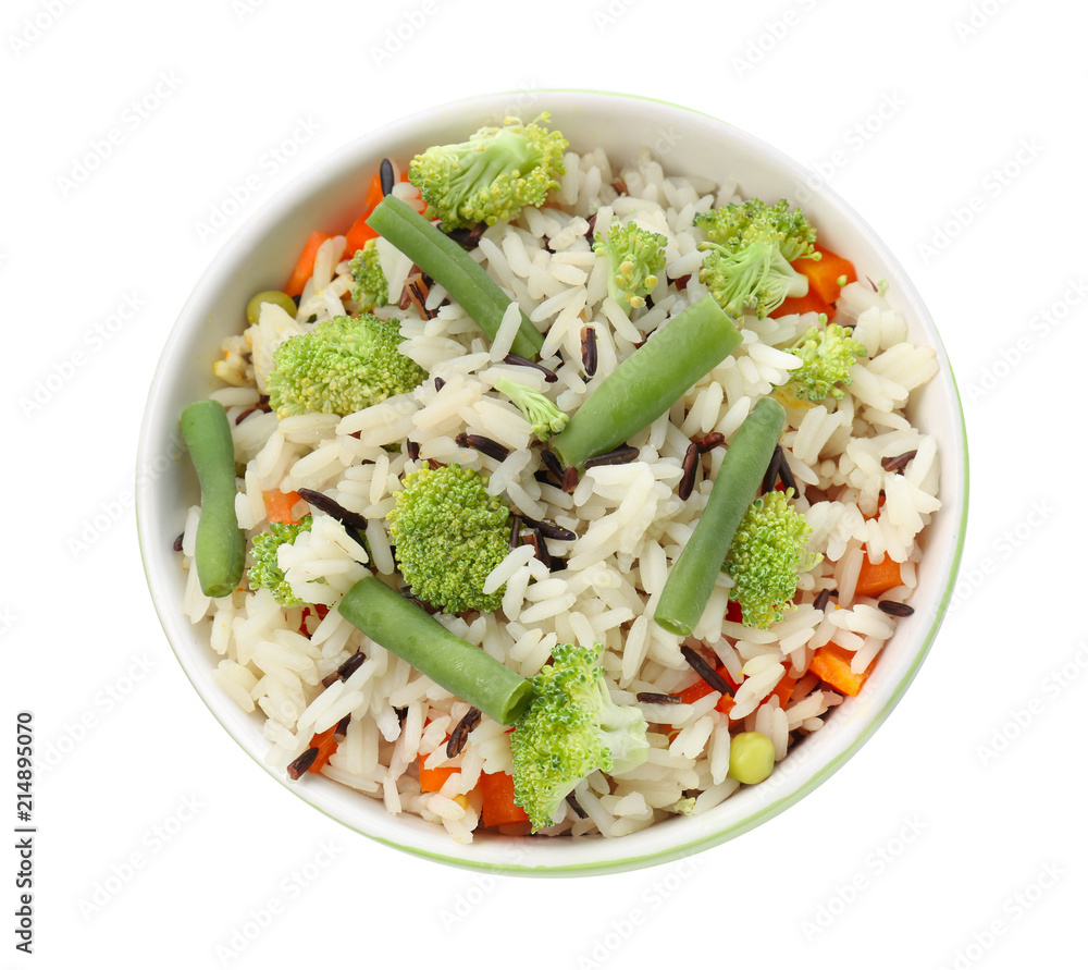Bowl with tasty boiled rice and vegetables on white background Bowl with tasty boiled rice and vegetables on white background