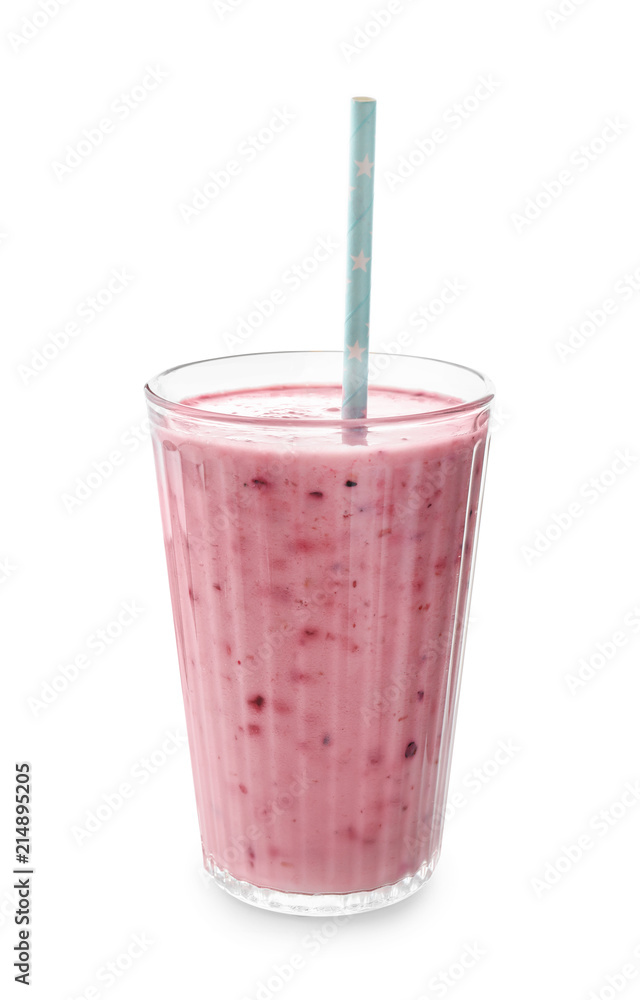 Glass with tasty raspberry smoothie on white background Glass with tasty raspberry smoothie on white background