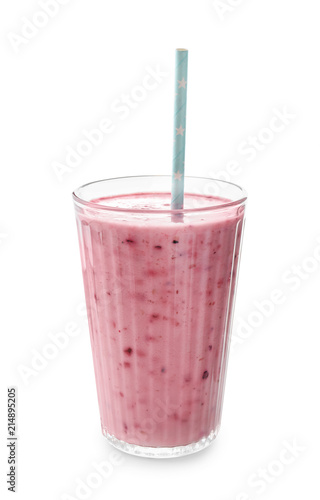 Glass with tasty raspberry smoothie on white background