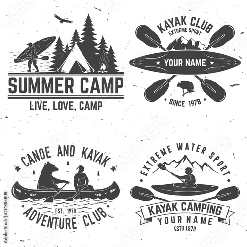 Set of kayak club badges. Vector illustration.