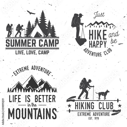 Set of extreme adventure badges. Mountains related typographic quote.