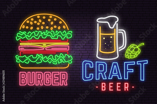 Retro neon burger and craft beer sign on brick wall background. Design for cafe, hotel,restaurant or motel.