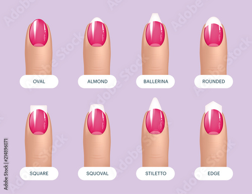 Set of simple realistic pink manicured nails with different shapes. illustration for your graphic design. photo