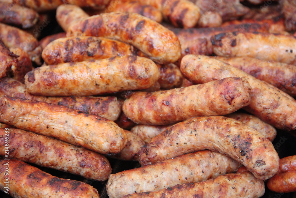 Romanian traditional grilled sausages sold on a street food stall Romanian traditional grilled sausages sold on a street food stall