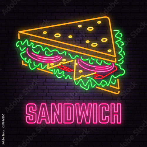 Retro neon sandwich sign on brick wall background. Design for cafe, hotel, restaurant or motel.