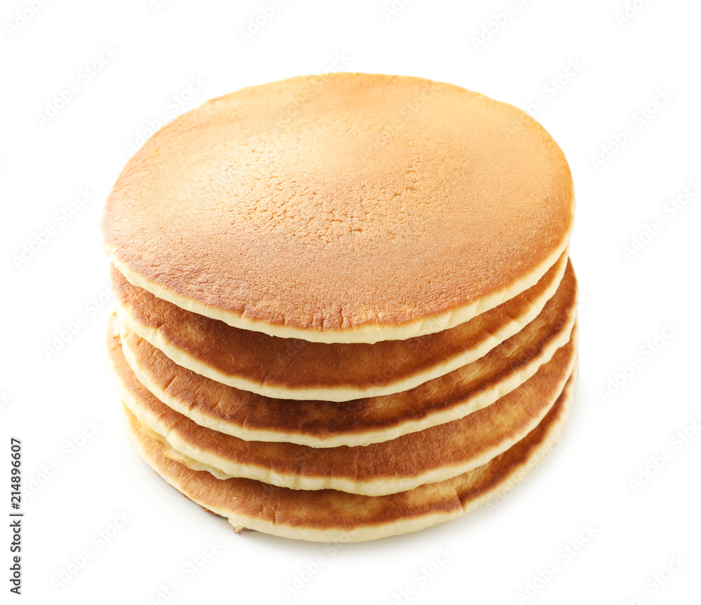 Stack of tasty homemade pancakes on white background Stack of tasty homemade pancakes on white background