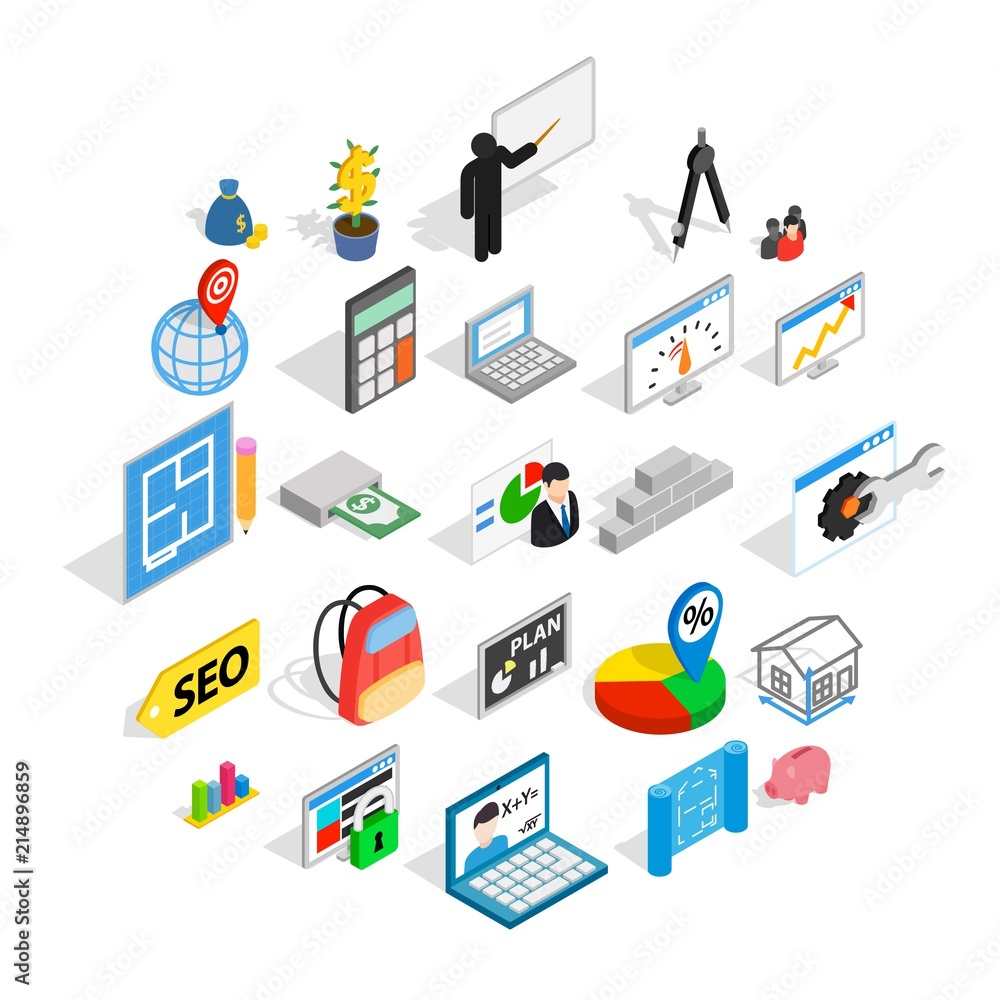 Calculator icons set. Isometric set of 25 calculator vector icons for web isolated on white background Calculator icons set. Isometric set of 25 calculator vector icons for web isolated on white background