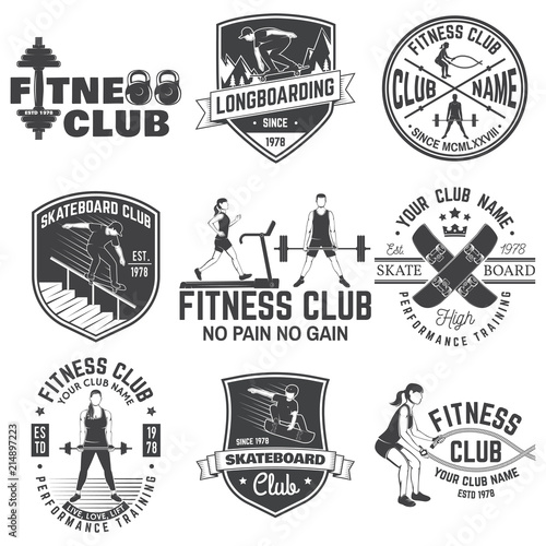 Set of fitness and skate board club concept with girls doing exercise and skateboarder silhouette. Vector