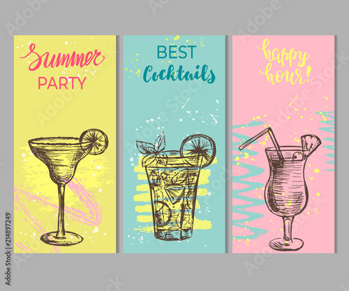 Set of bar templates with hand drawn cocktails