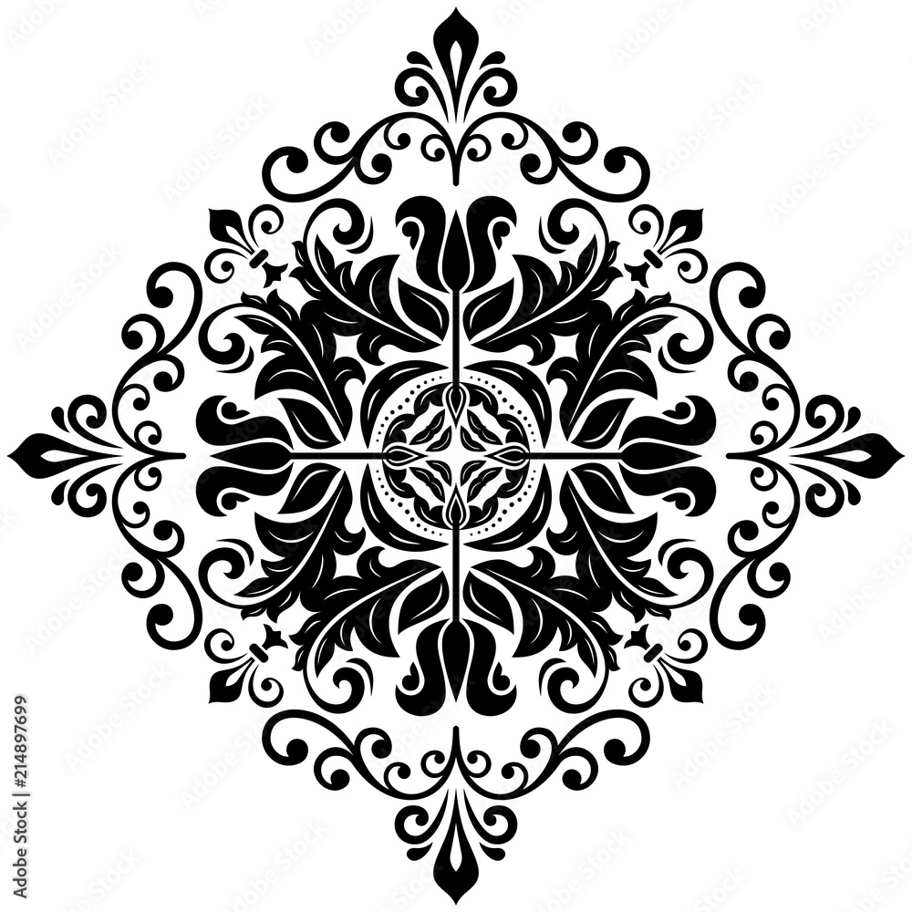 Elegant square black ornament in classic style. Abstract traditional pattern with oriental elements. Classic vintage pattern