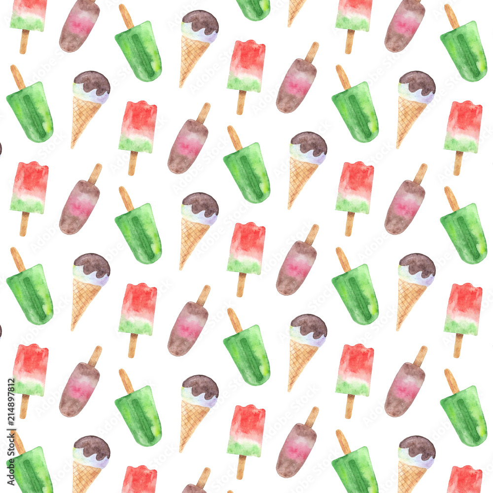 Watercolor seamless pattern. Background with ice creams. Watercolor seamless pattern. Background with ice creams.