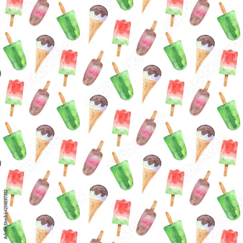 Watercolor seamless pattern. Background with ice creams.