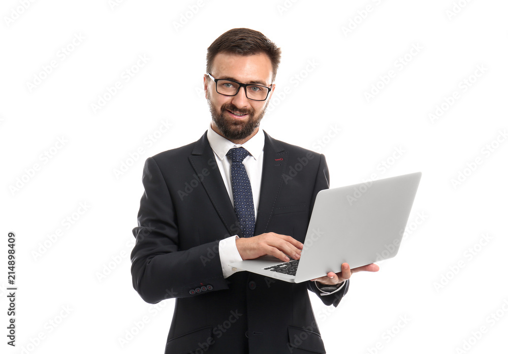 Handsome businessman with laptop on white background Handsome businessman with laptop on white background