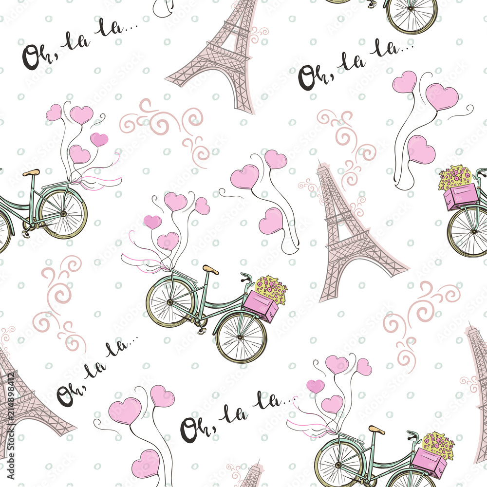 Paris theme seamless pattern with bicycle and Eiffel tower