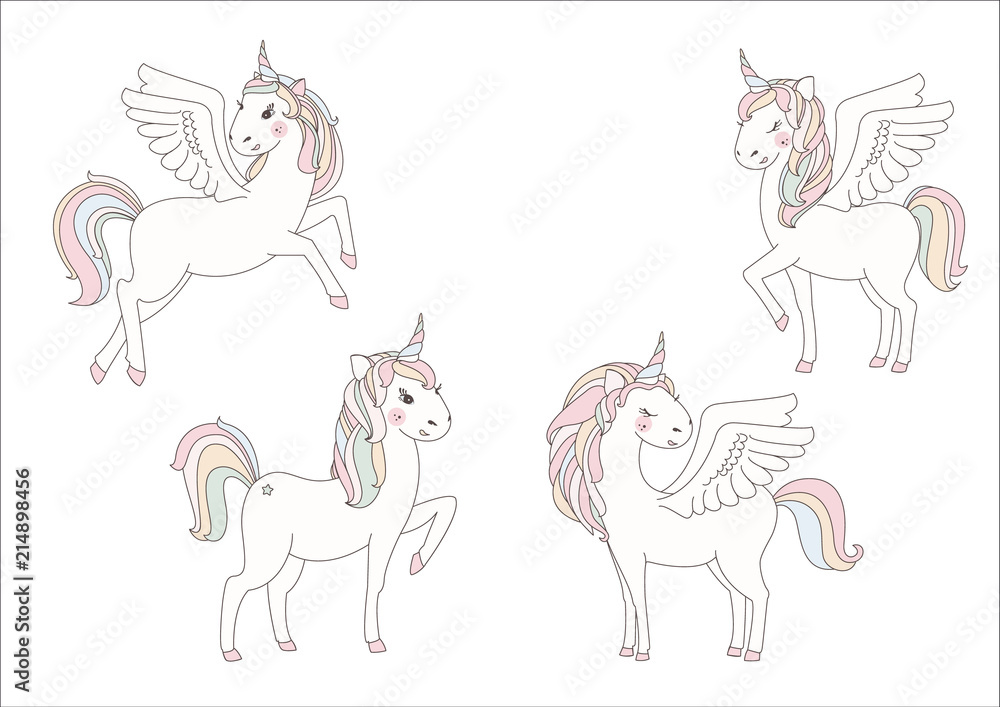 Unicorn sweet cute illustration. Magic fantasy design. Cartoon rainbow animal isolated horse. Fairytale unicorn print poster.