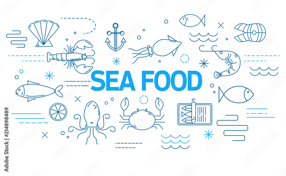 Sea food banner in modern style with thin line icons. Sea food banner in modern style with thin line icons.