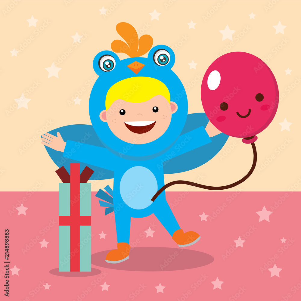 birthday card illustration with kids in bird costume birthday card illustration with kids in bird costume