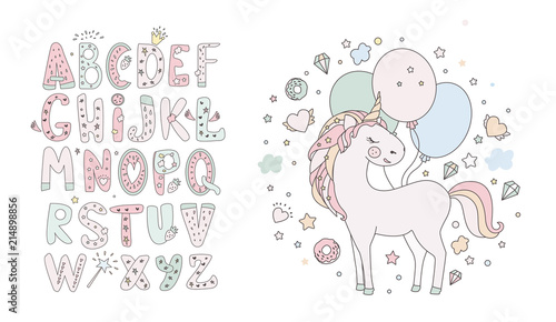 Unicorn vector sweet cute illustration. Magic fantasy design. Cartoon rainbow animal isolated horse. Fairytale unicorn print poster.