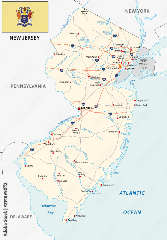new jersey road map with flag