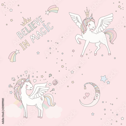 Unicorn vector sweet cute illustration. Magic fantasy design. Cartoon rainbow animal isolated horse. Fairytale unicorn print poster.