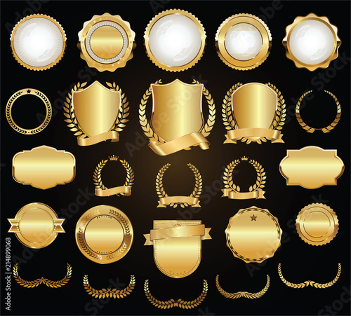 Golden shields laurel wreaths and badges vector collection