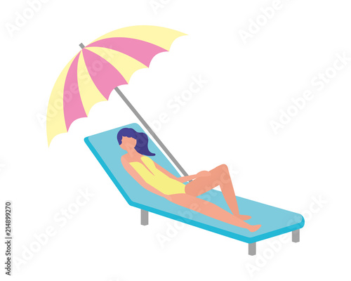 woman with swimsuit in beach chair and umbrella icon