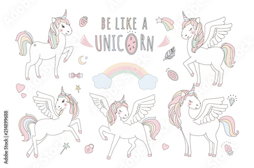 Unicorn vector sweet cute illustration. Magic fantasy design. Cartoon rainbow animal isolated horse. Fairytale unicorn print poster.