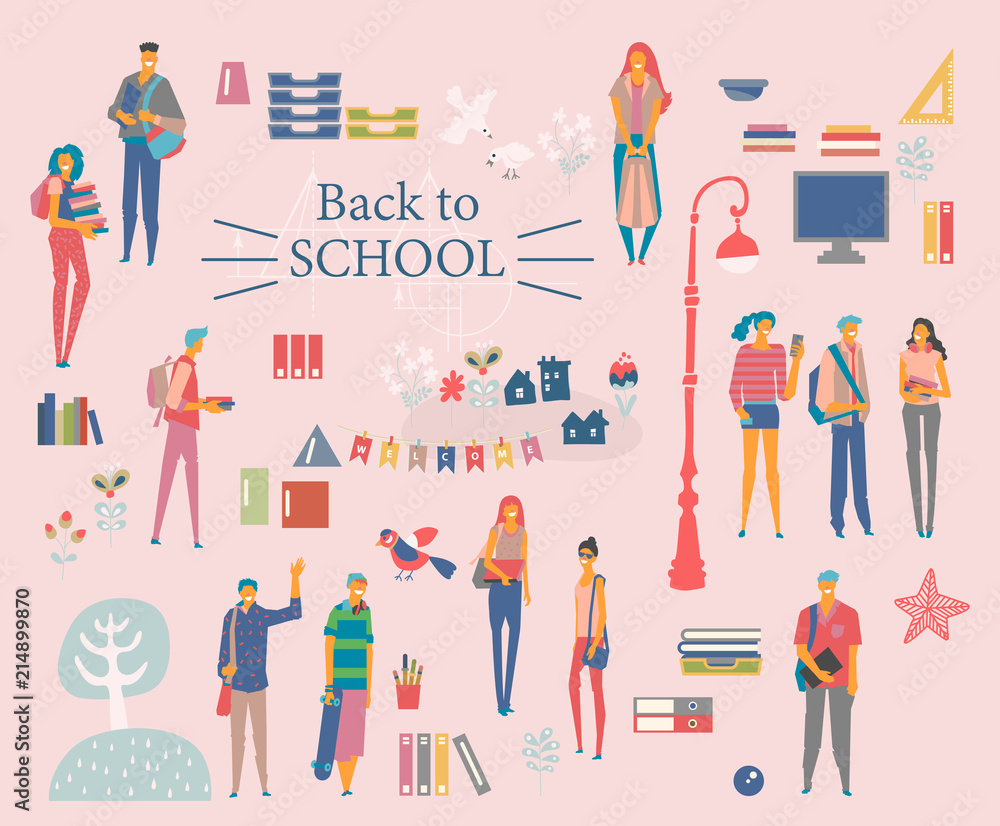 Schoolgirls and schoolboys with books, backpacks and school bags. Back to school vector poster in flat style. Happy and smiling teenagers. 