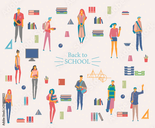 Schoolgirls and schoolboys with books, backpacks and school bags. Back to school vector poster in flat style. Happy and smiling teenagers. 